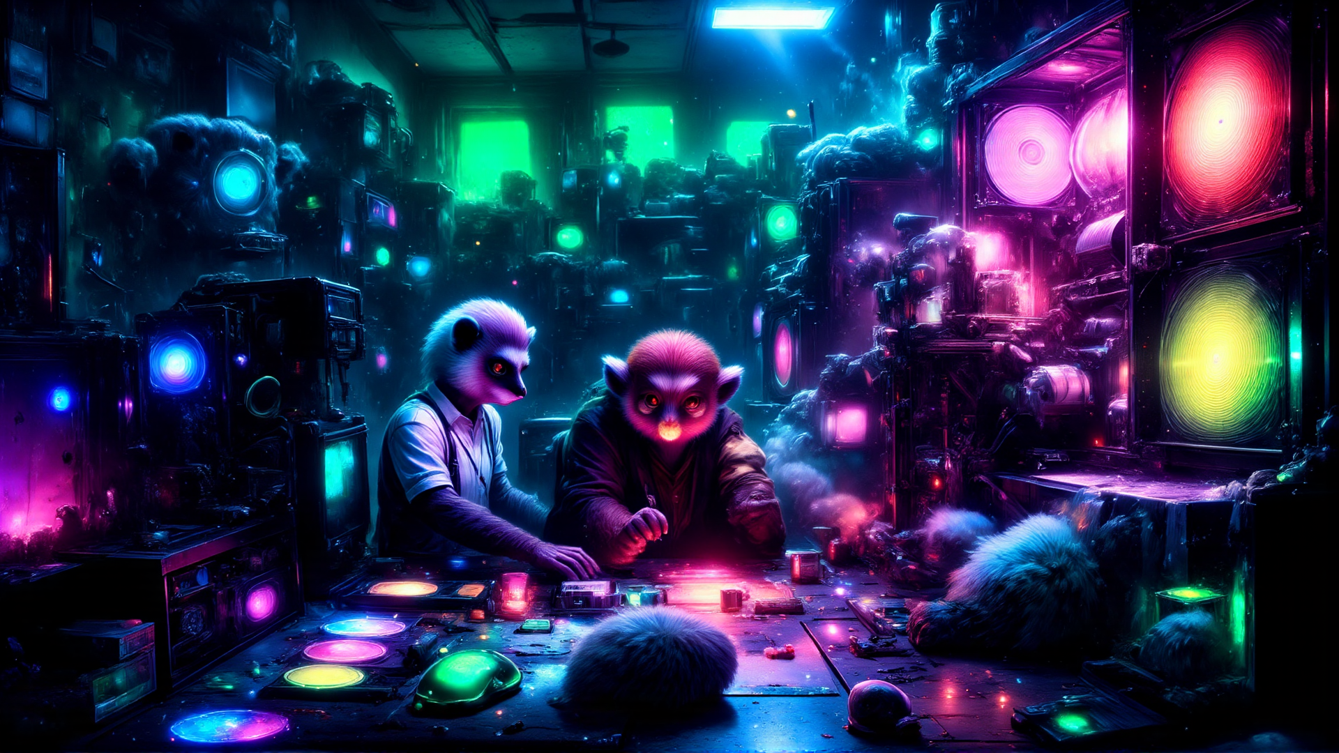 AI generated wallpaper featuring lemur, animal, robots, gaming, table, laptop, screens, lights, circuit, furry