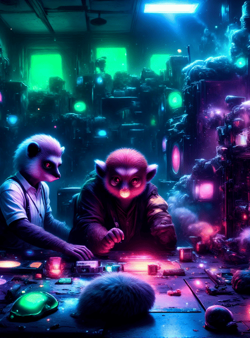 lemur, animal, robots, gaming, table, laptop, screens, lights, circuit, furry