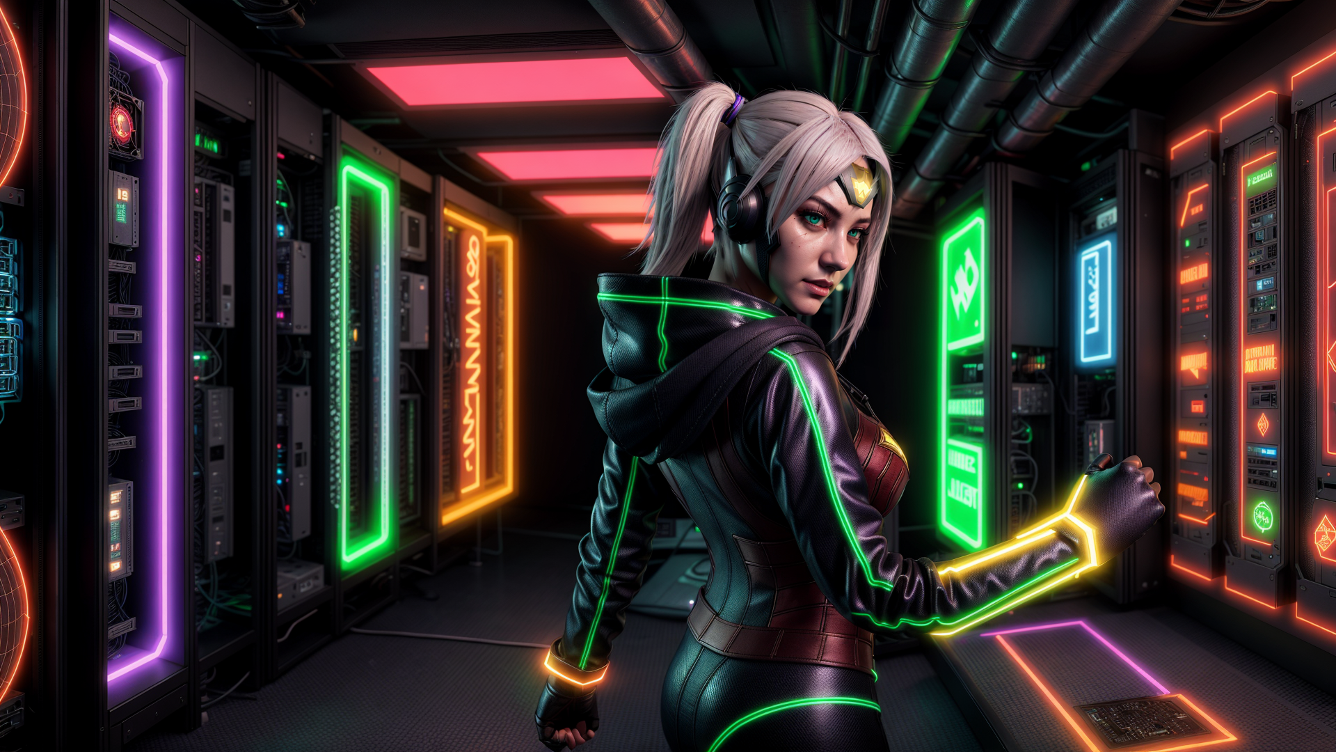 AI generated wallpaper featuring cyberpunk, woman, tech