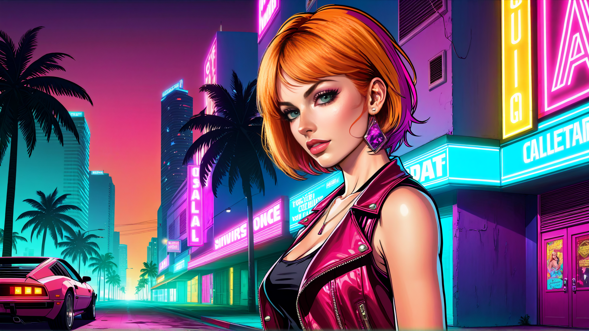 AI generated wallpaper featuring woman, neon, city
