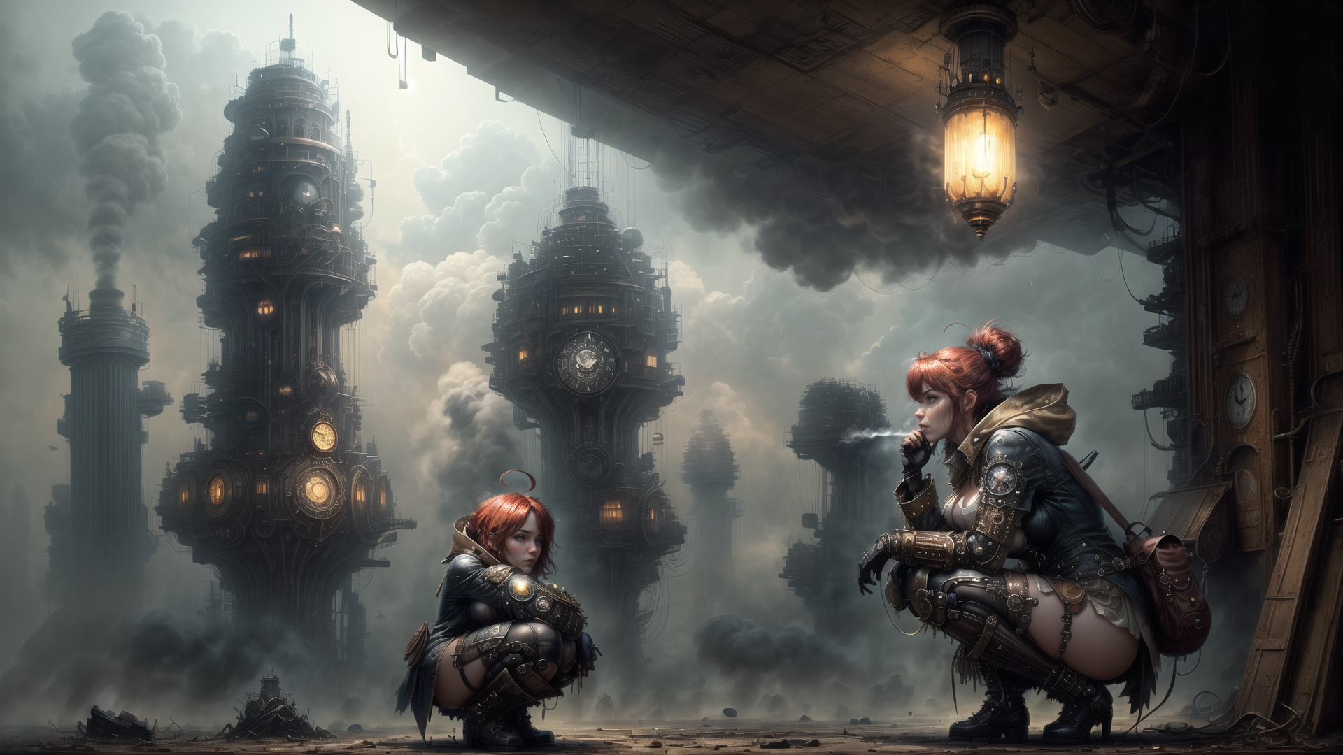 AI generated wallpaper featuring women, steampunk, clock towers