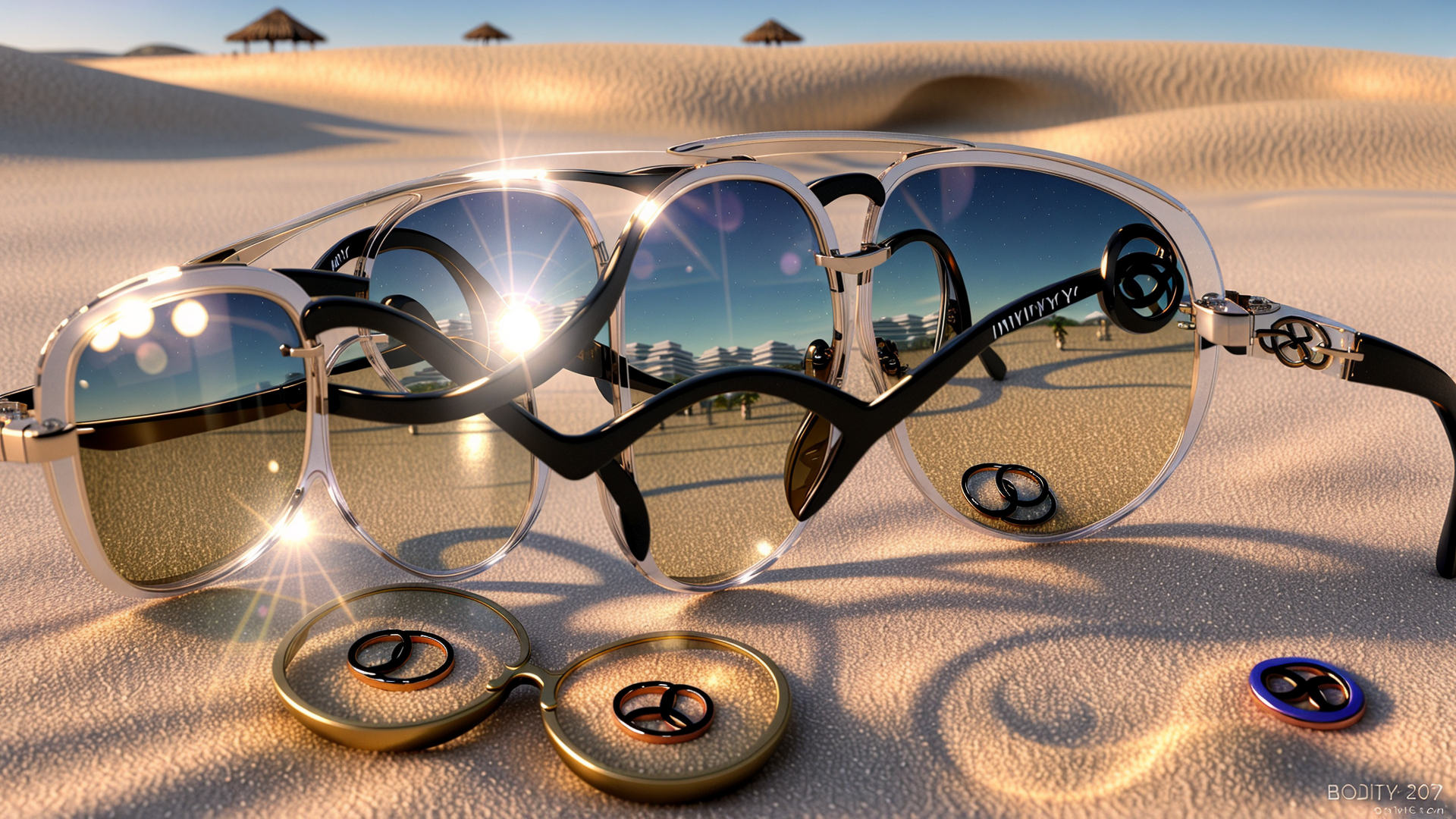 AI generated wallpaper featuring sunglasses, rings, desert