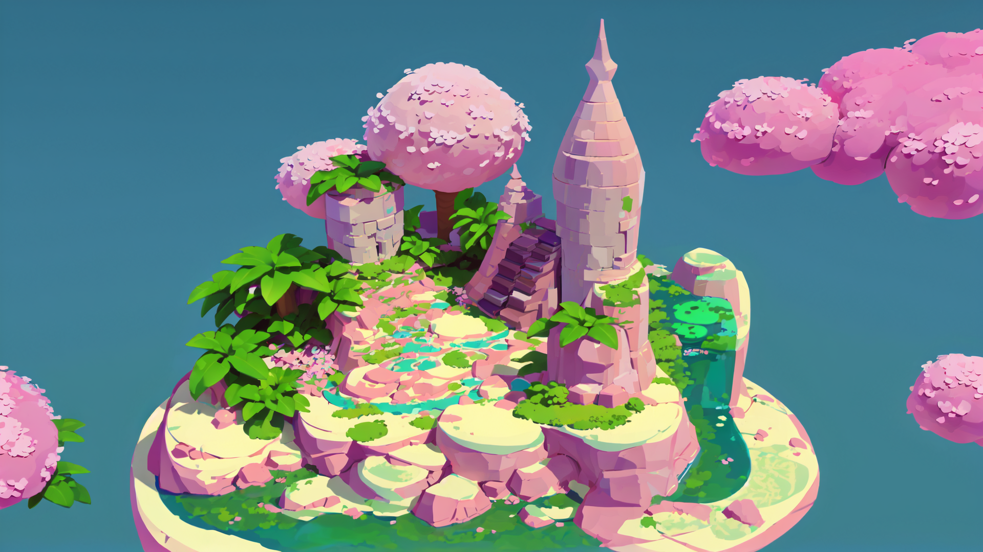 AI generated wallpaper featuring castle, trees, island, river, flowers