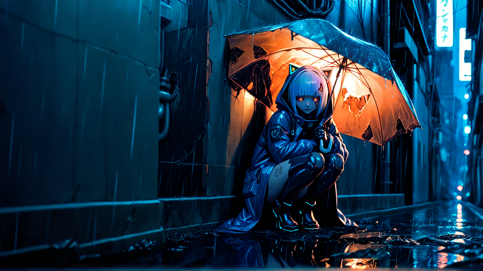 AI generated wallpaper featuring cyberpunk, girl, umbrella