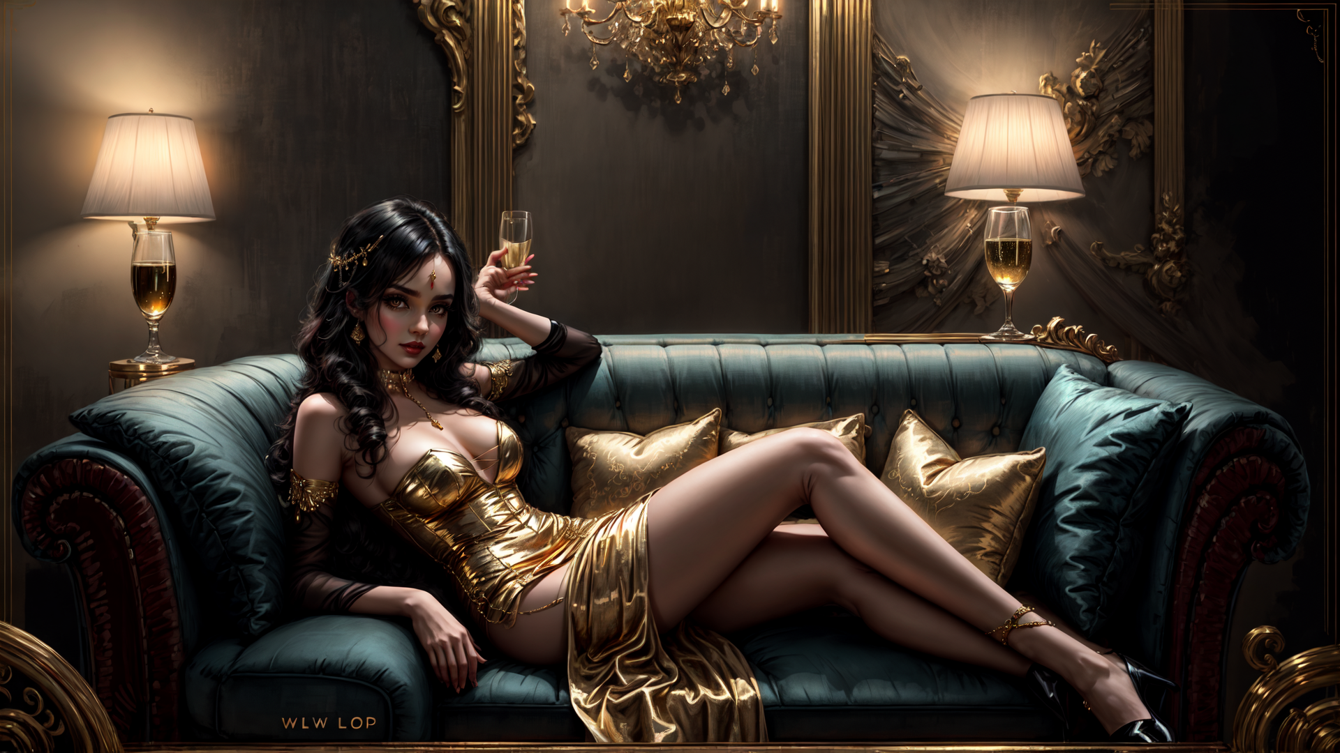 AI generated wallpaper featuring woman, sofa, champagne, lamp, dress, pillow, chandelier, curtain, heels, gilded