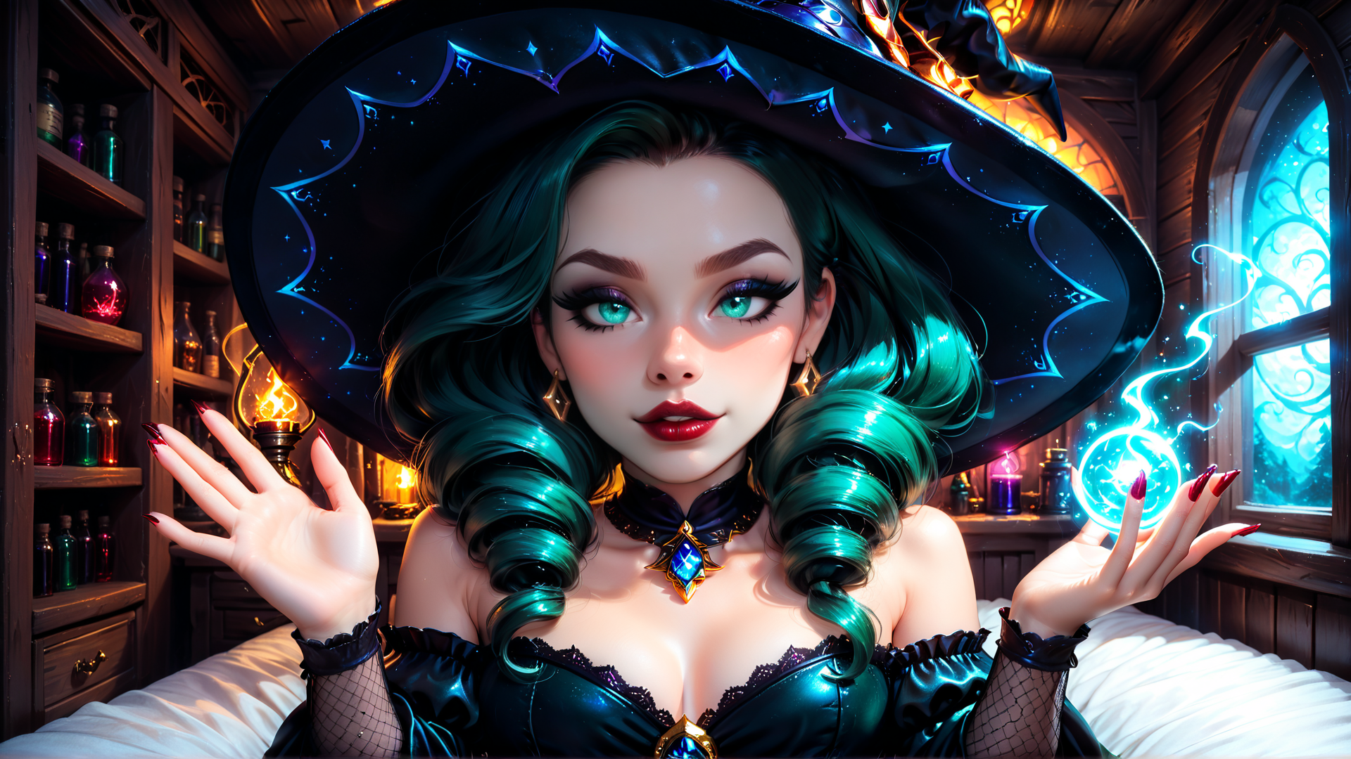 AI generated wallpaper featuring witch, woman, hat, crystal, bottles, bed, candle, window, nails, choker