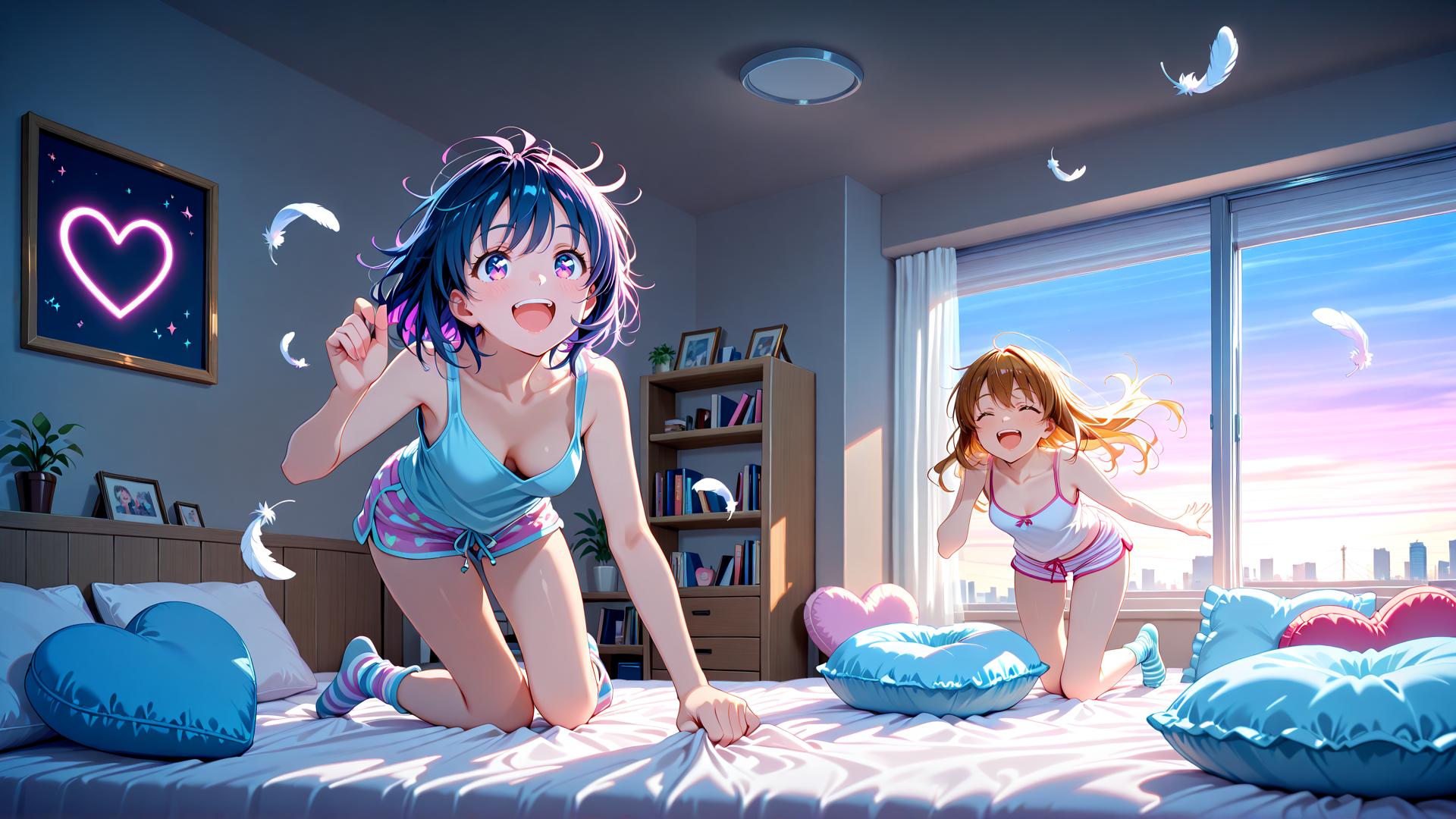 AI generated wallpaper featuring girls, bedroom, feathers