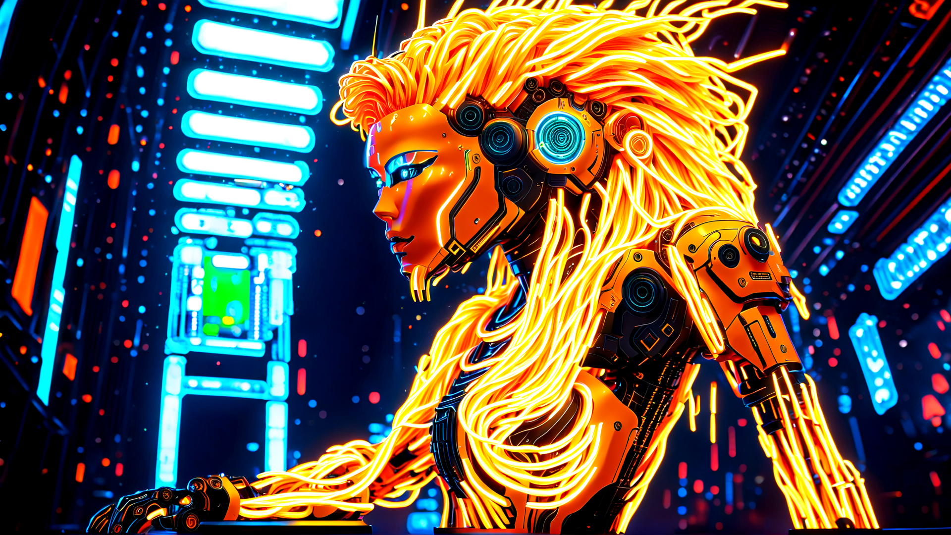 AI generated wallpaper featuring robot, neon, cyberpunk, digital, fashion, art, character, gaming