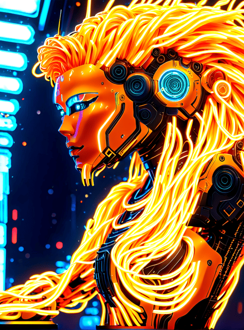 robot, neon, cyberpunk, digital, fashion, art, character, gaming