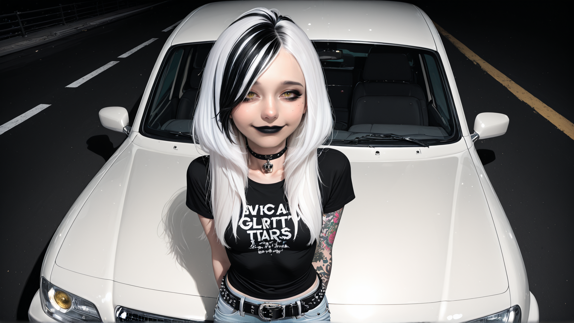 AI generated wallpaper featuring person, car, tattoo, choker, hair, jeans, t-shirt, belt, road, shadow