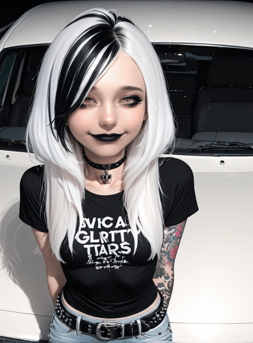 person, car, tattoo, choker, hair, jeans, t-shirt, belt, road, shadow