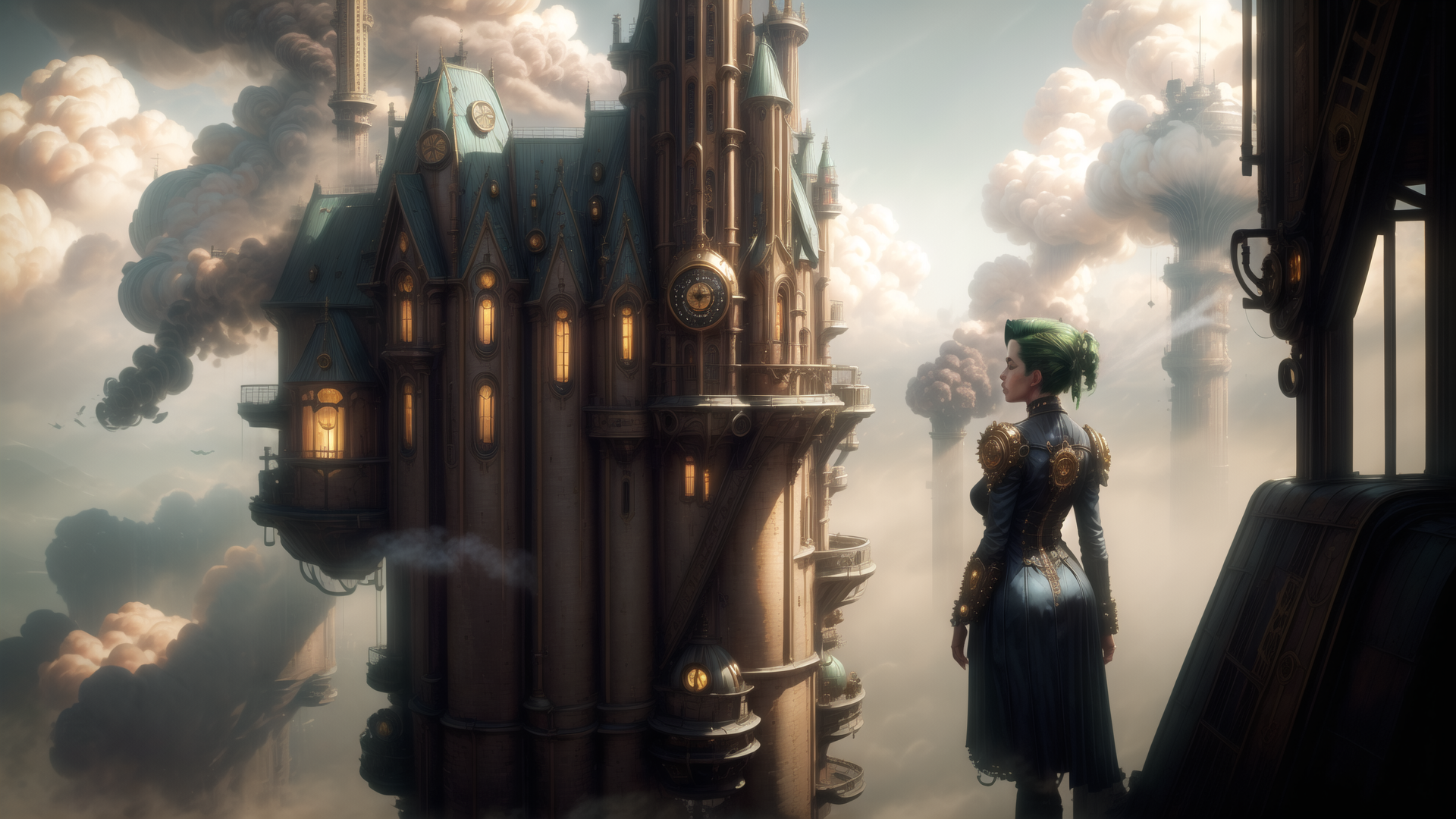 AI generated wallpaper featuring woman, castle, clouds, steampunk, towers