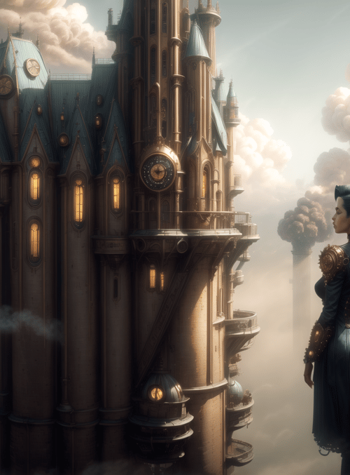 woman, castle, clouds, steampunk, towers