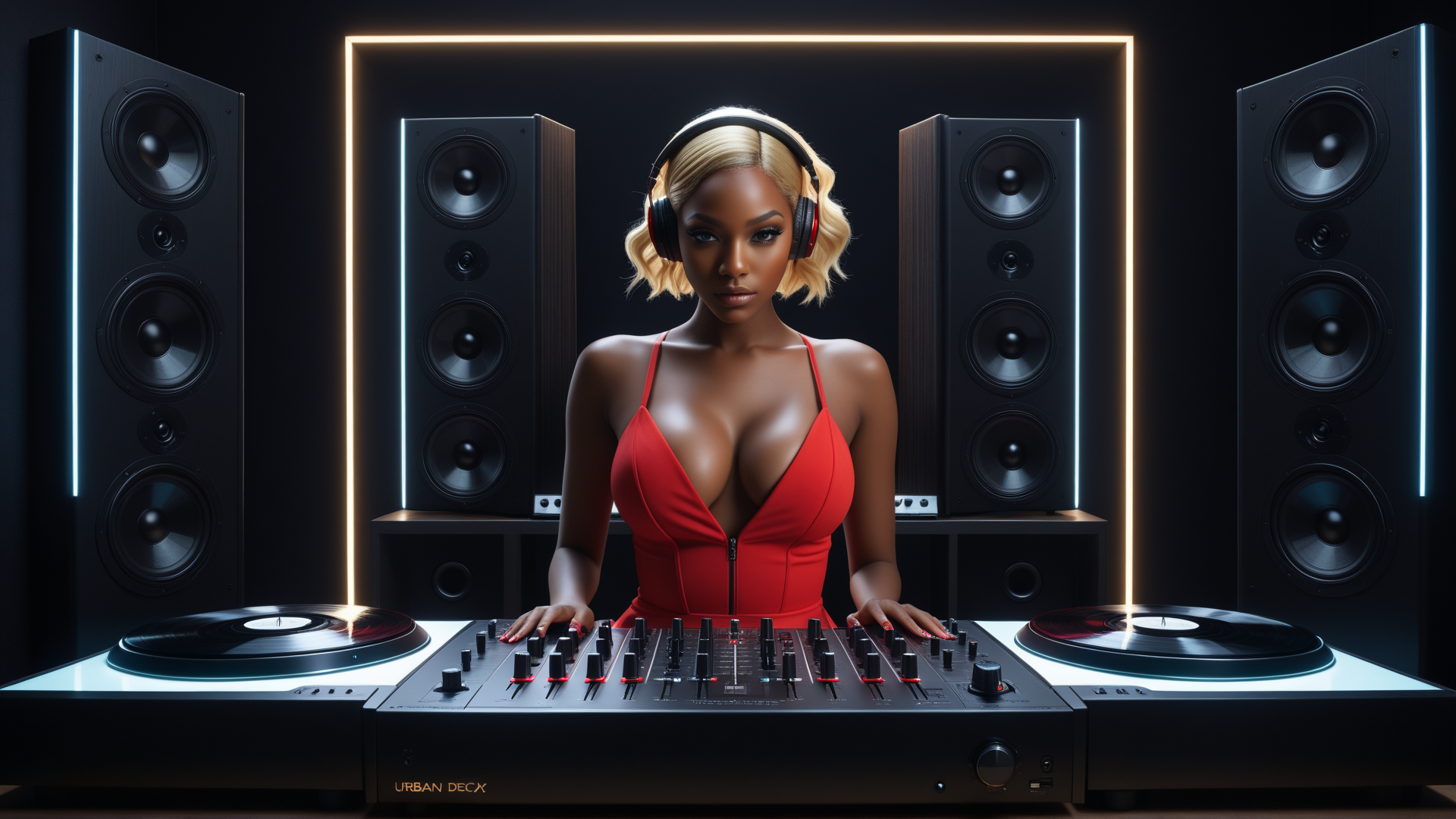 AI generated wallpaper featuring dj, woman, headphones, speakers, turntables, mixer, vinyl, lighting, studio, red dress