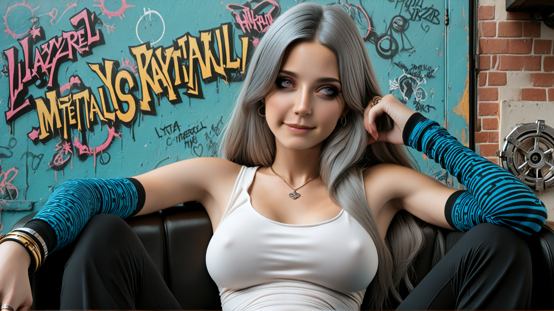 AI generated wallpaper featuring woman, graffiti, wall, leather couch, bricks, jewelry, bracelets, long hair, tank top, sleeves