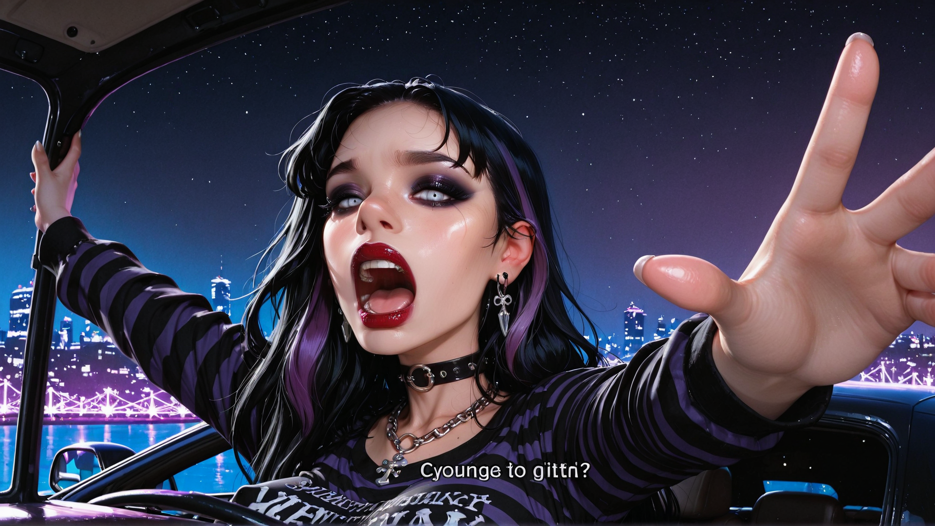 AI generated wallpaper featuring woman, car, city, night