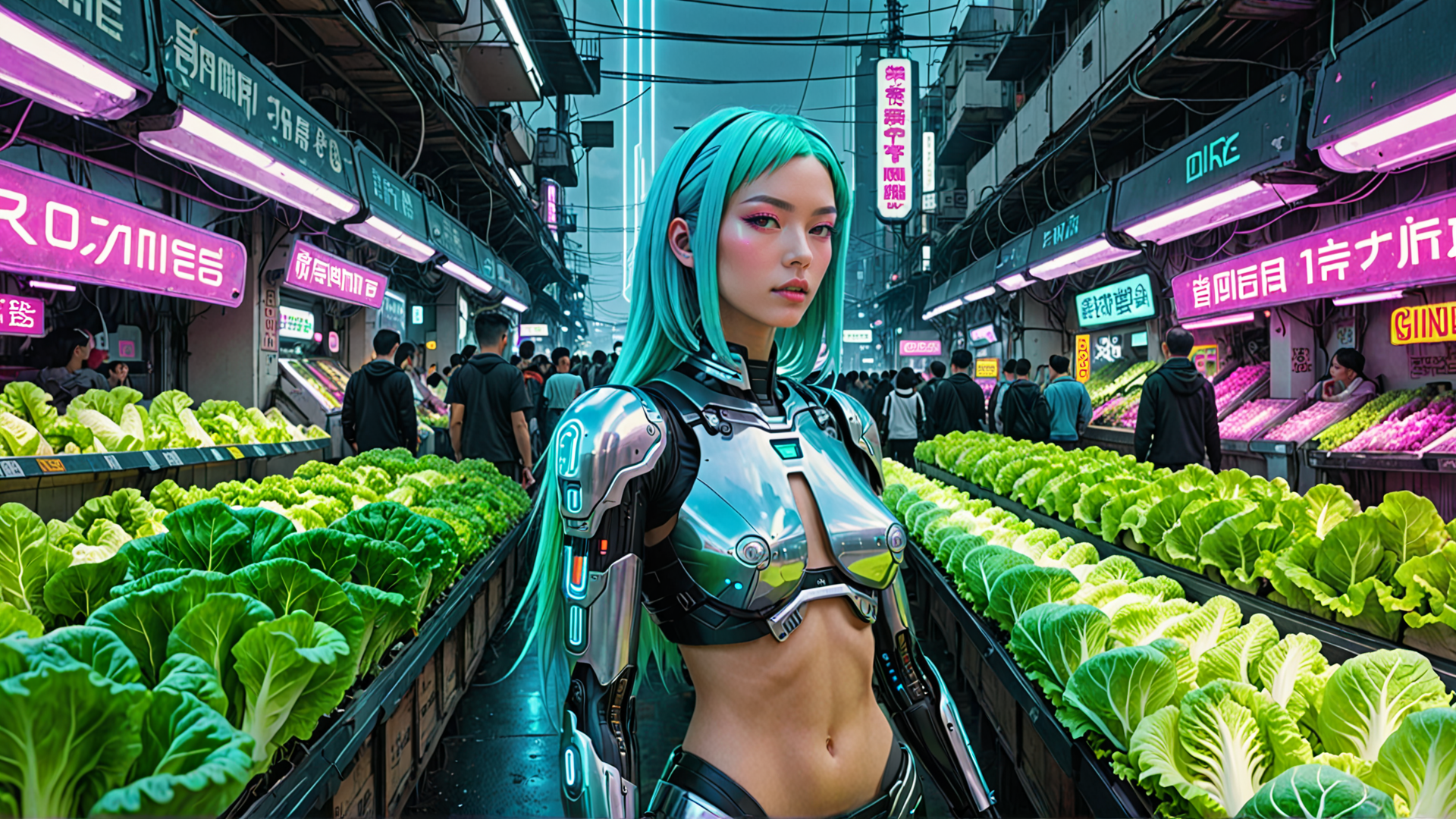 AI generated wallpaper featuring cyborg, market, vegetables, neon signs, crowd, lady, cabbage, signage, urban, street