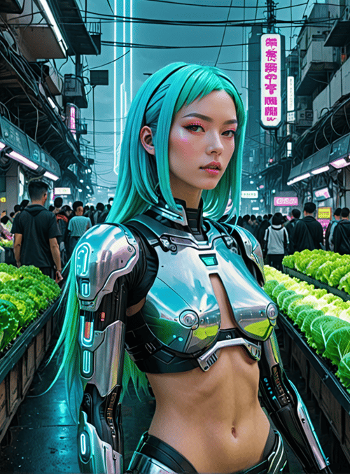 cyborg, market, vegetables, neon signs, crowd, lady, cabbage, signage, urban, street