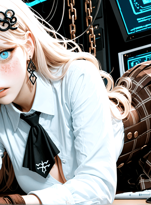 girl, blonde, shirt, skirt, gloves, gloves, computer, screen, hair