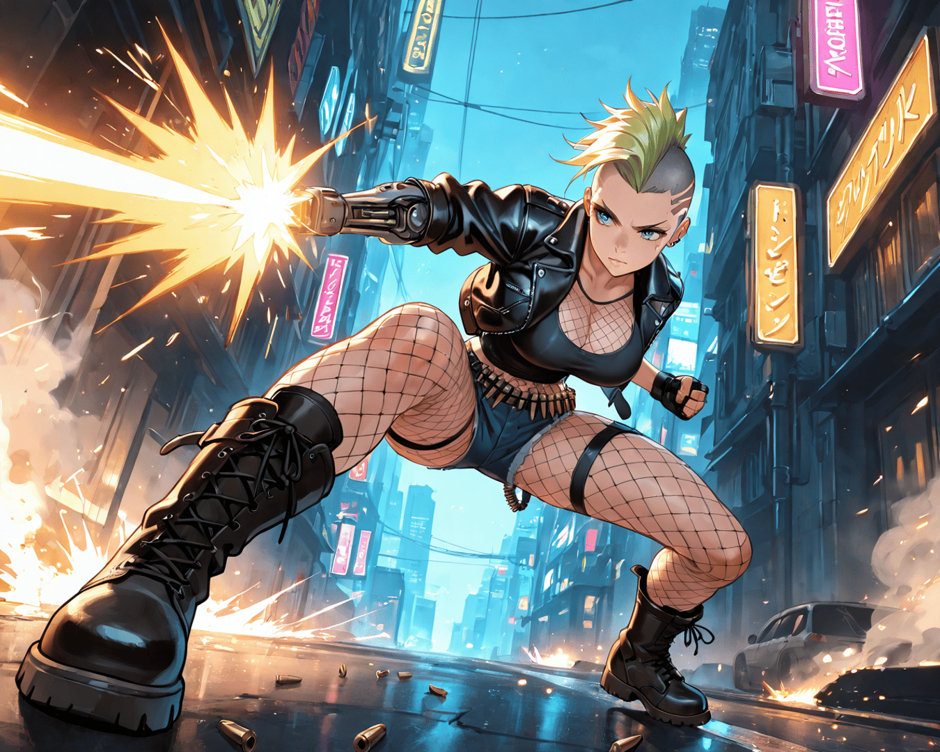 AI generated wallpaper featuring cyborg, woman, gun