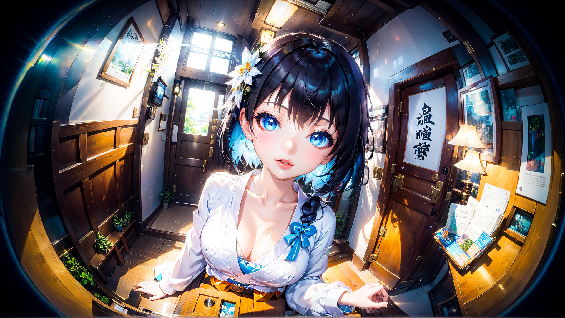 AI generated wallpaper featuring anime girl, fujin, blossom, door, bookshelf, plants, lamp, window, photograph, braid