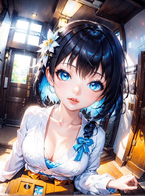 anime girl, fujin, blossom, door, bookshelf, plants, lamp, window, photograph, braid