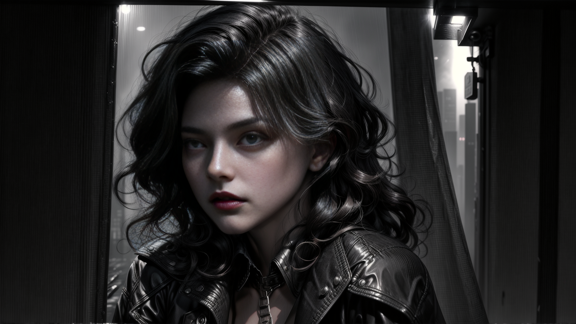 AI generated wallpaper featuring woman, leather jacket, curly hair