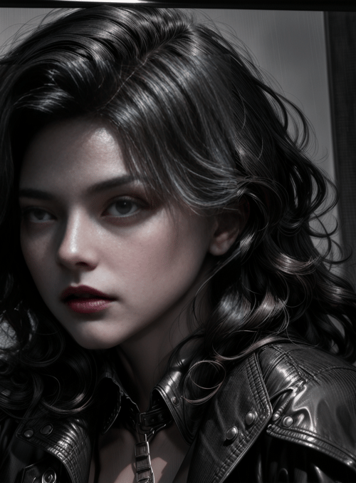 woman, leather jacket, curly hair