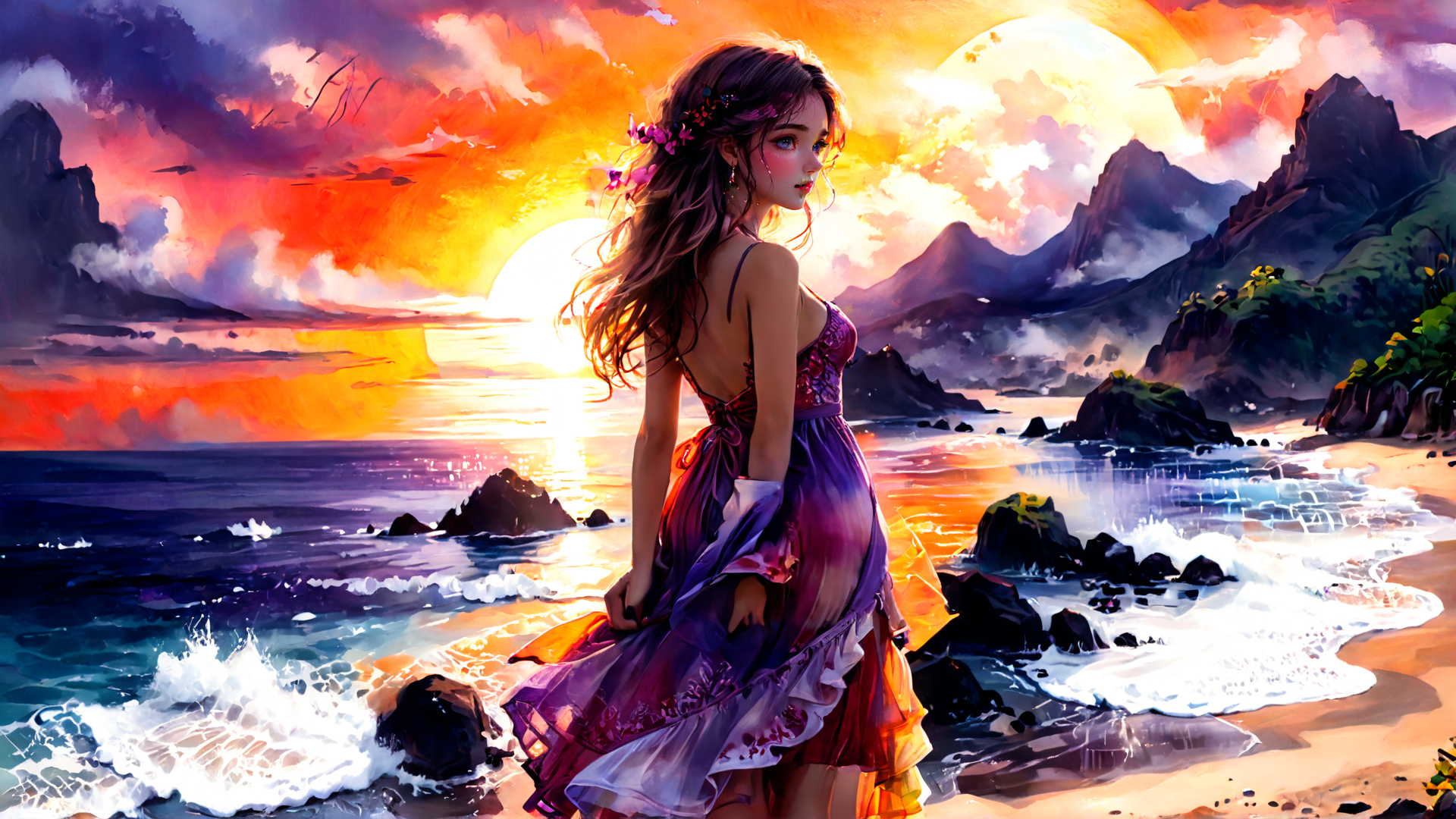 AI generated wallpaper featuring woman, beach, sun