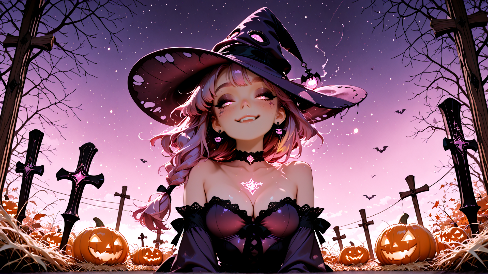 AI generated wallpaper featuring witch, pumpkin, cross, trees, bats, graveyard