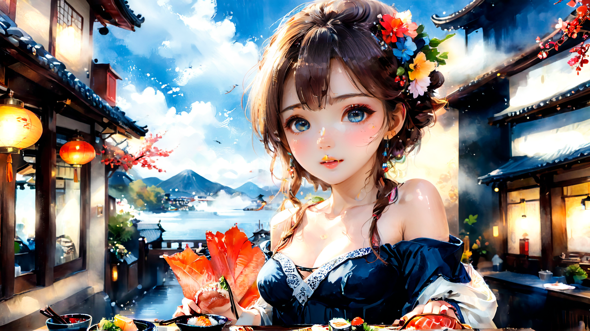 AI generated wallpaper featuring woman, sushi, traditional street