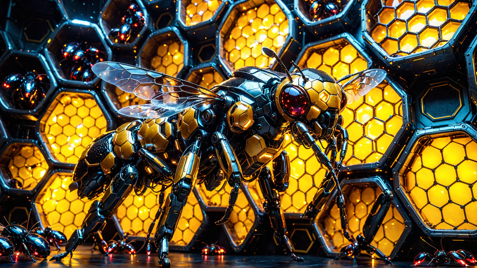 AI generated wallpaper featuring robot bee, hexagon, mechanical insect, cyber bee, digital hive