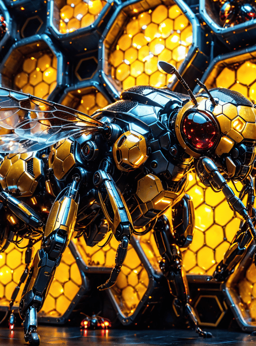 robot bee, hexagon, mechanical insect, cyber bee, digital hive