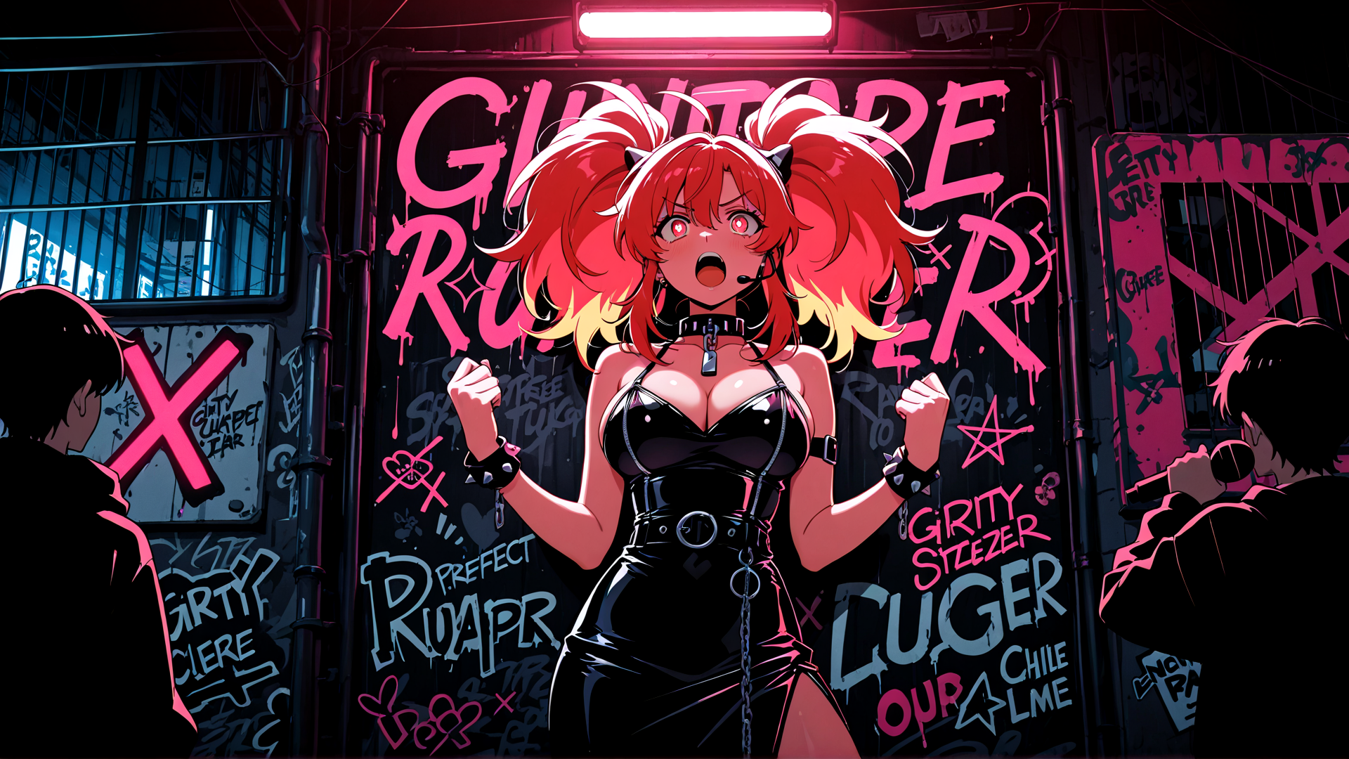 AI generated wallpaper featuring anime girl, guy, microphone, guitar, graffiti, neon sign