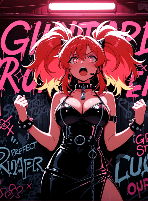 anime girl, guy, microphone, guitar, graffiti, neon sign