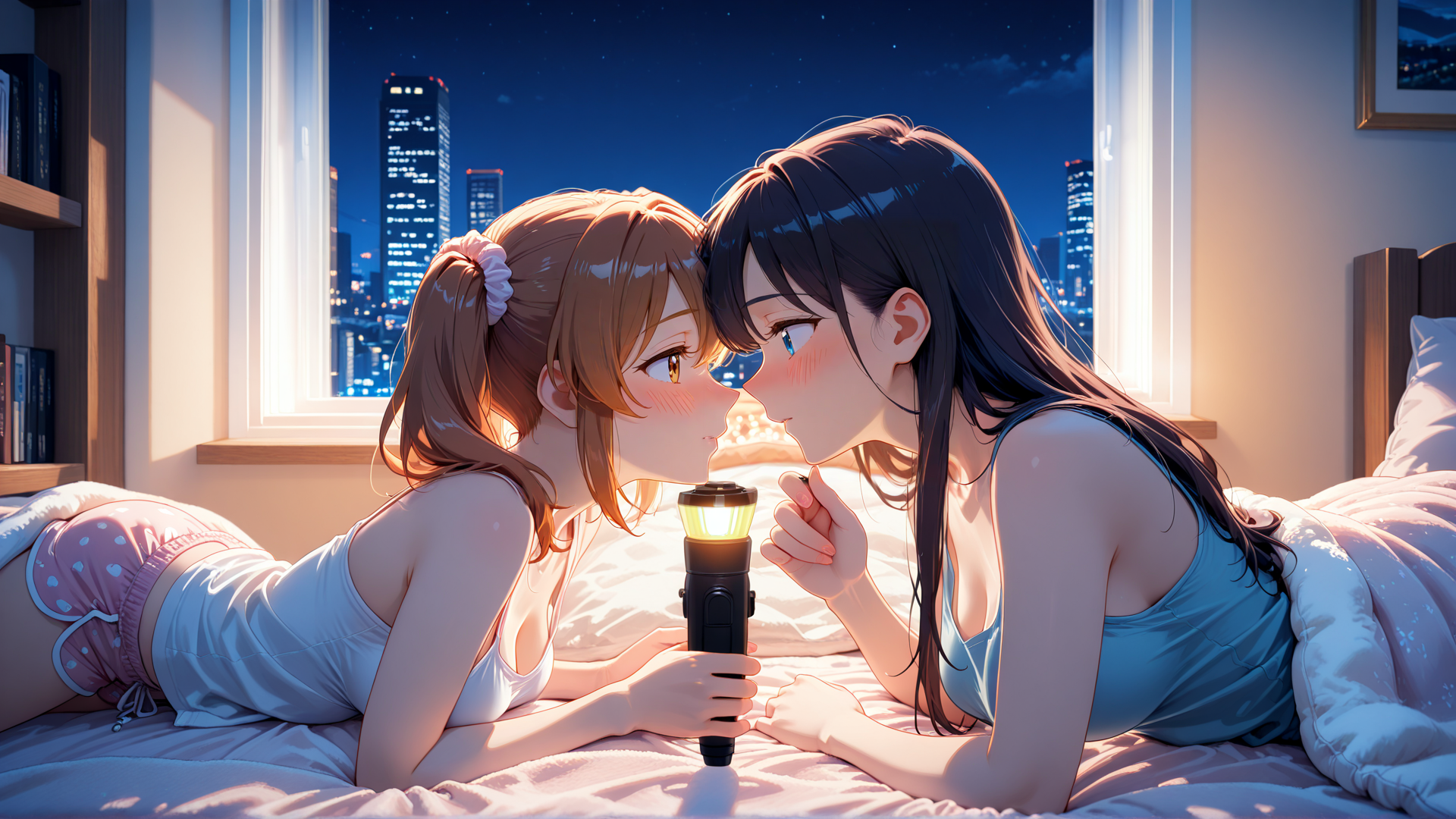 AI generated wallpaper featuring girls, bedroom, cityscape