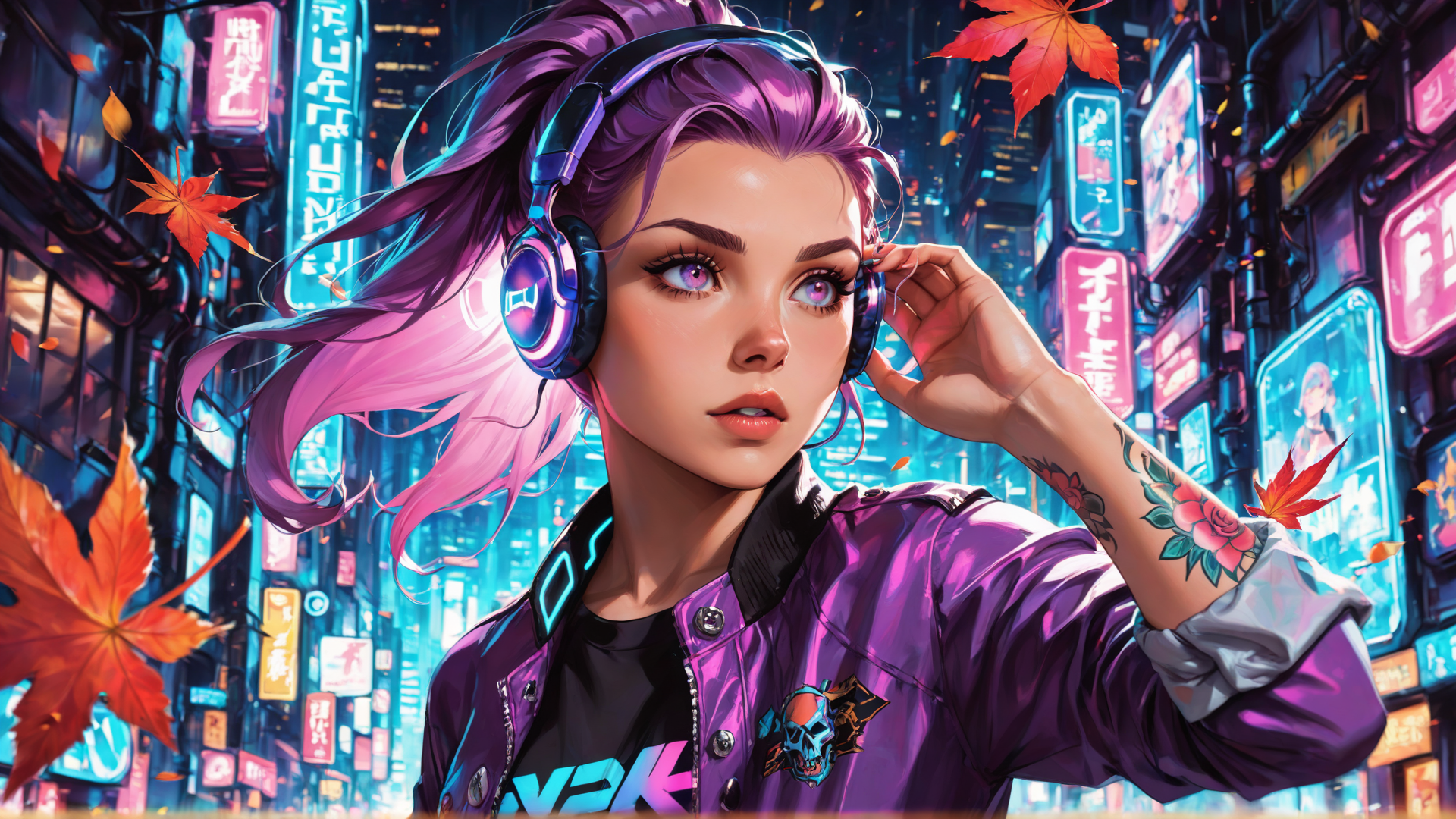 AI generated wallpaper featuring girl, headphones, jacket, tattoo, leaves