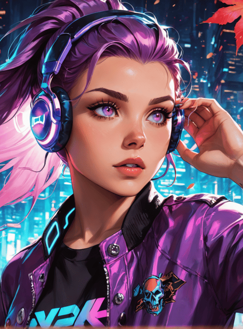 girl, headphones, jacket, tattoo, leaves