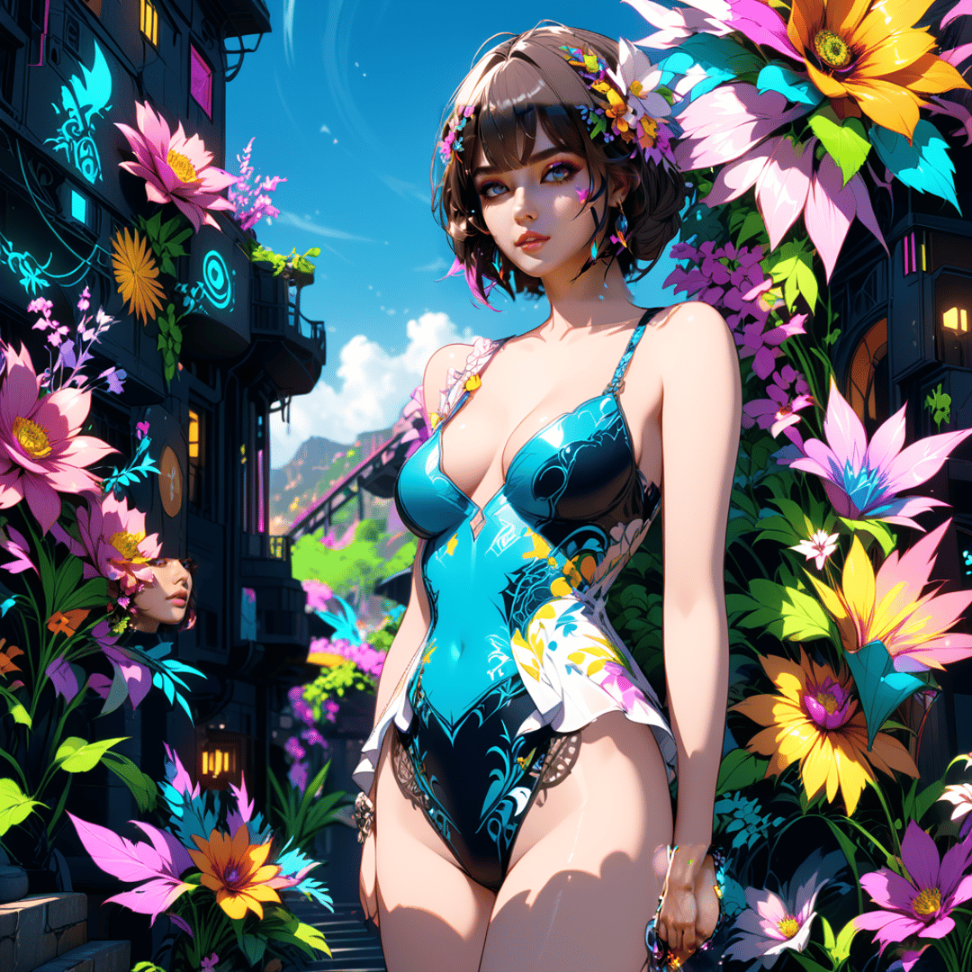 AI generated wallpaper featuring woman, flowers, buildings