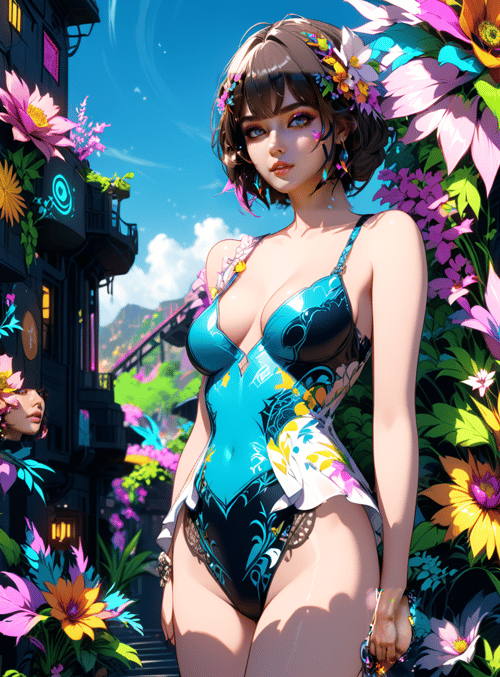 woman, flowers, buildings