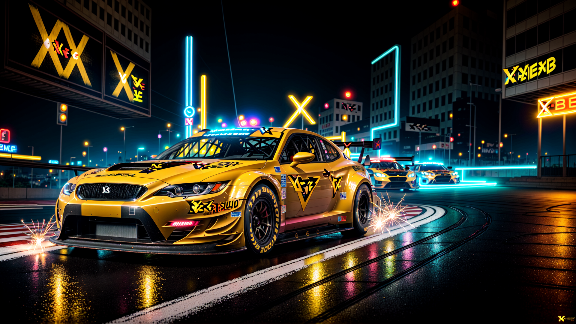 AI generated wallpaper featuring car, race car, neon lights, city street, buildings, sparks