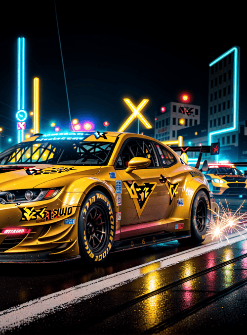 car, race car, neon lights, city street, buildings, sparks