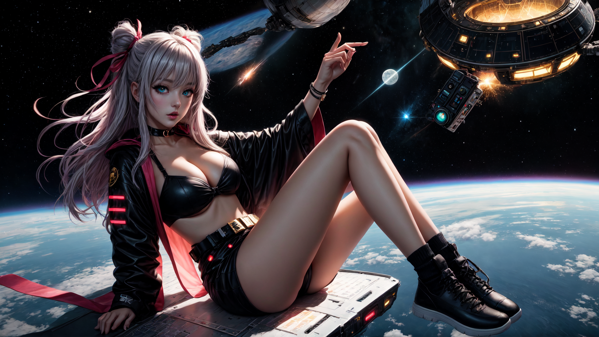 AI generated wallpaper featuring girl, space, spaceship, planet, camera, hair, boots, jacket, moon, belt