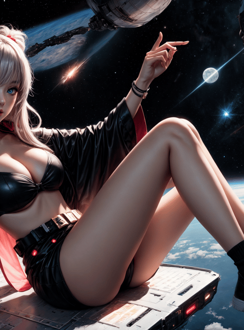 girl, space, spaceship, planet, camera, hair, boots, jacket, moon, belt