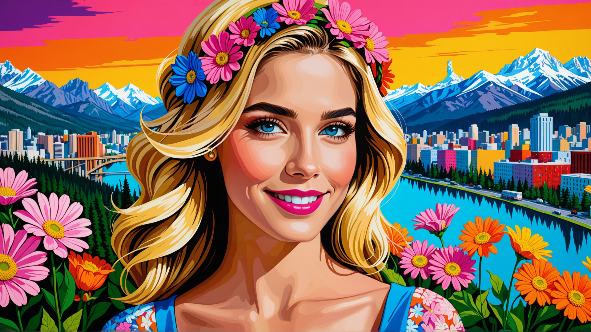 AI generated wallpaper featuring woman, flowers, mountains, cityscape, river