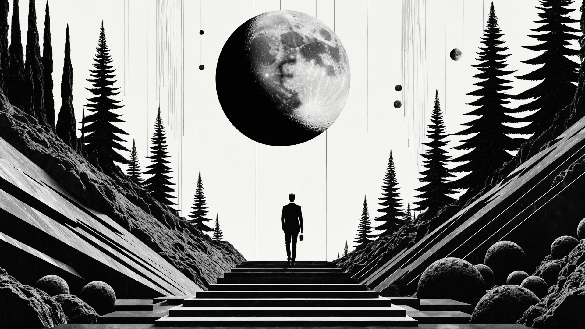 AI generated wallpaper featuring man, moon, trees, stairs, rocks, spheres