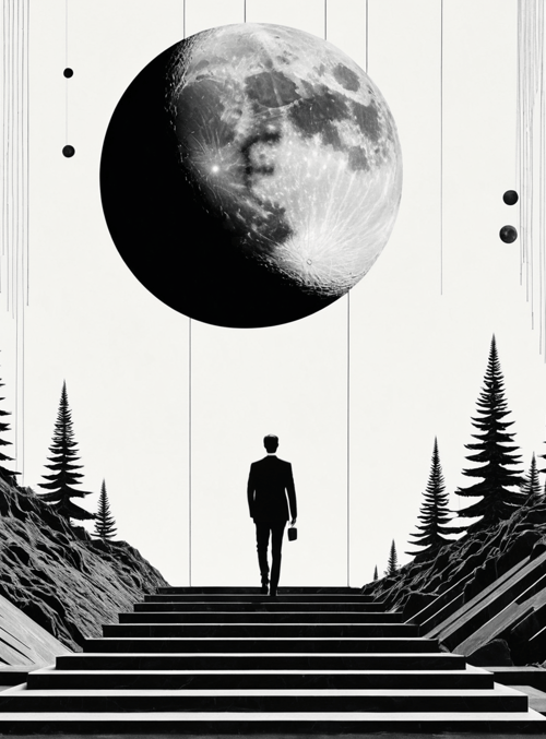 man, moon, trees, stairs, rocks, spheres