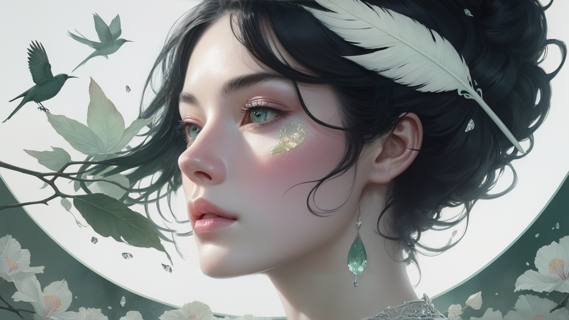 AI generated wallpaper featuring woman, feather, birds