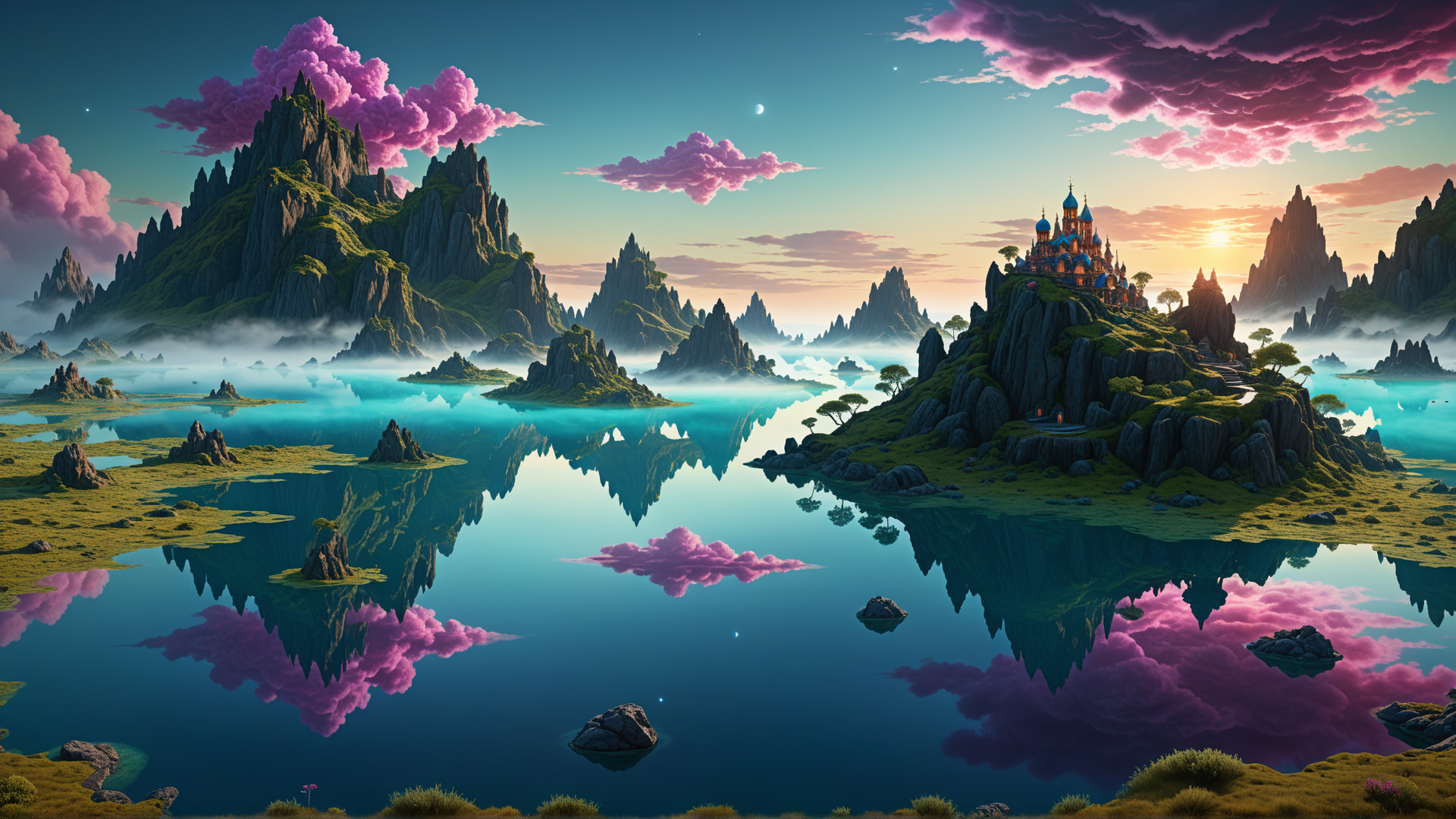 AI generated wallpaper featuring castle, mountains, lake