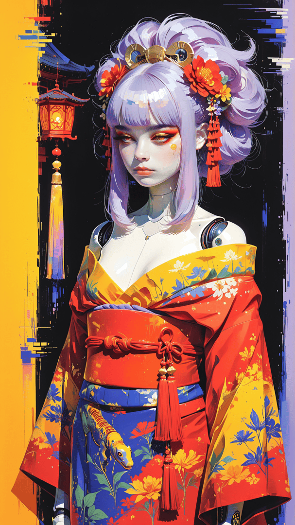 AI generated wallpaper featuring woman, robot, kimono, lantern, flowers, hairpins